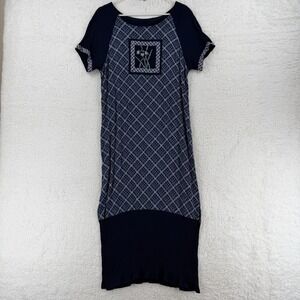 Vintage Lisa Maru Dress Womens Medium Blue Plaid Rayon Floral Patch Hawaii 90s